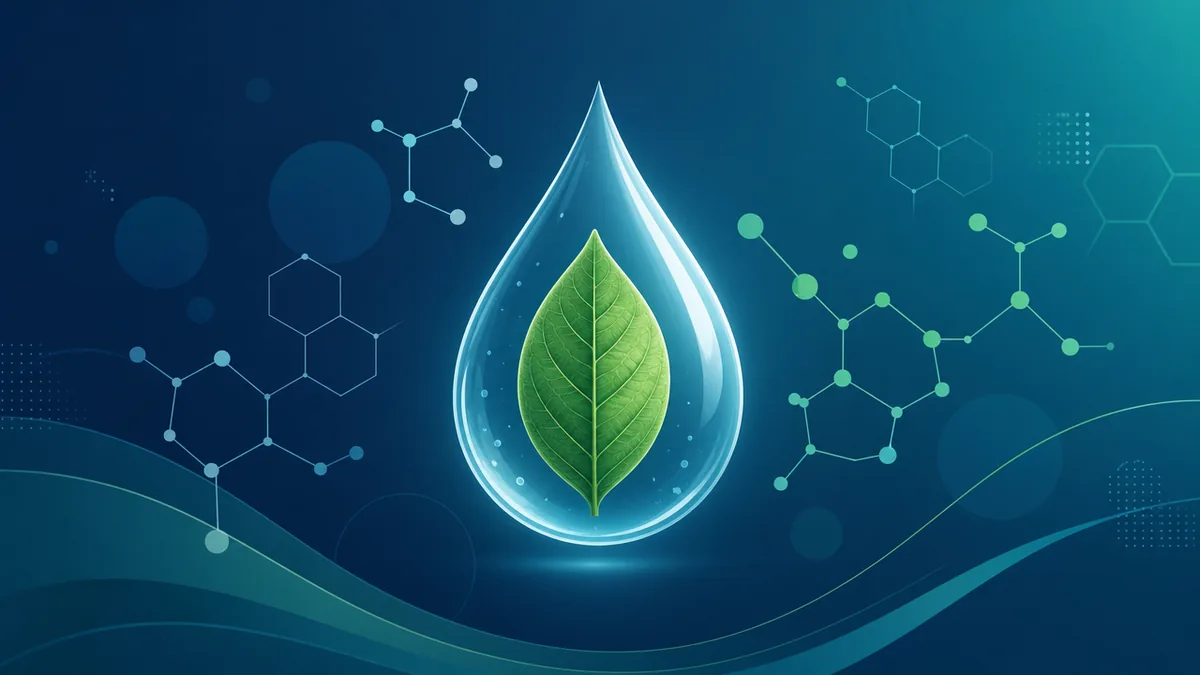 Green chemistry concept - water droplet with leaf and molecular structures