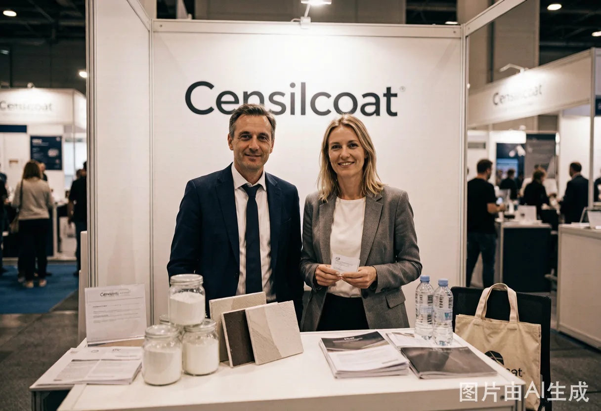 Close-up of Censilcoat product lineup at trade show