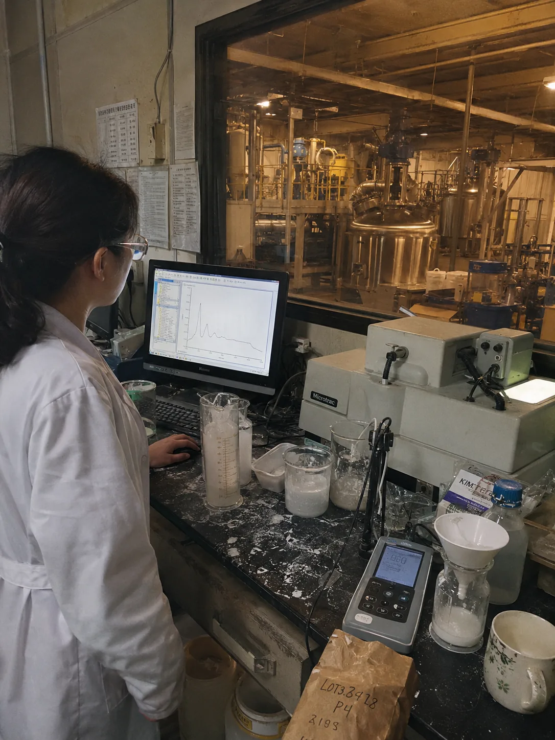 QC technician at a Microtrac laser particle-size analyzer