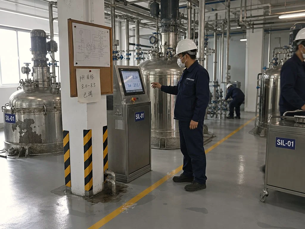 Step 1: Reactor hall at Censil Fujian plant — operator monitoring pH and temperature on the HMI touchscreen, three jacketed reactors in the background