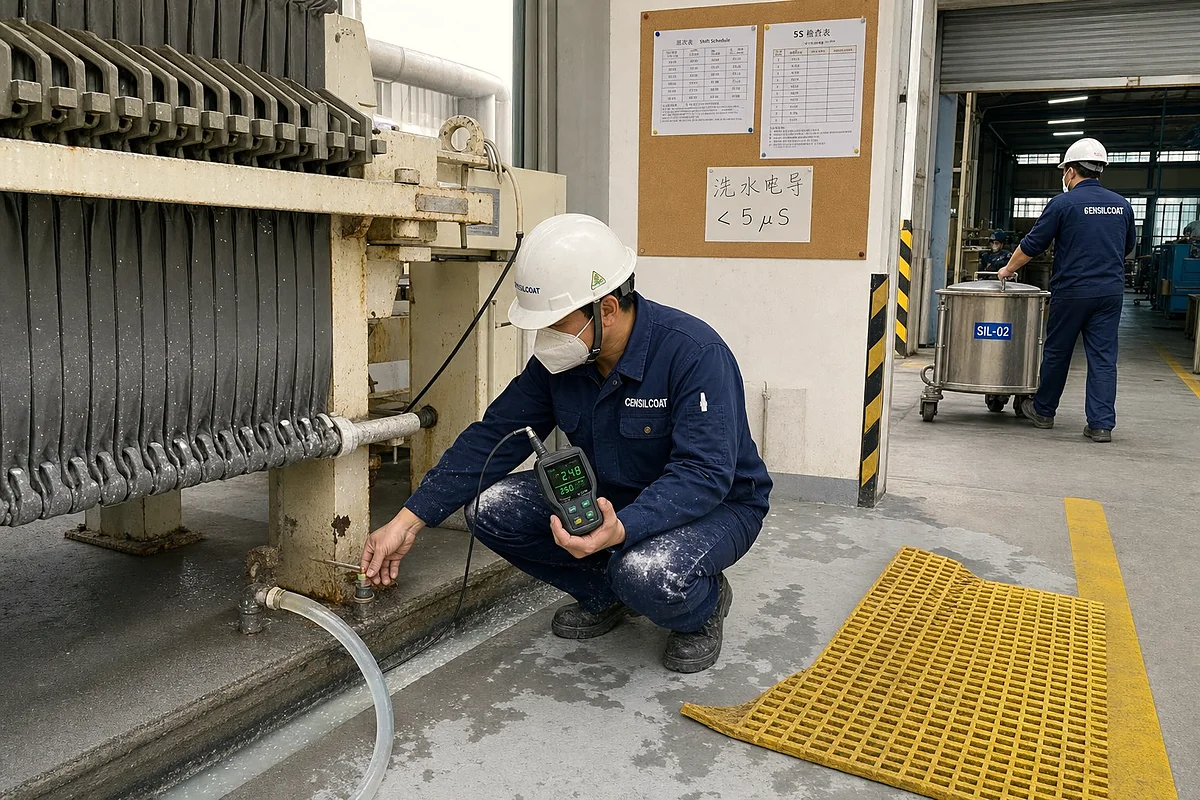 Step 2: Plate filter press at Censil Fujian plant — operator checking conductivity of wash water, membrane filtration section