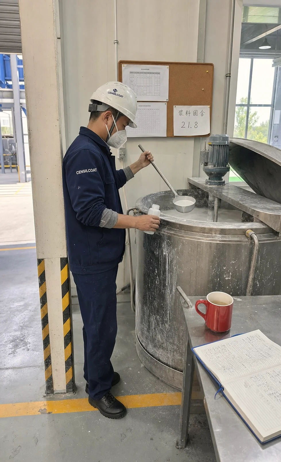 Step 3: Slurry pulping tank at Censil Fujian plant — operator collecting slurry sample with a long ladle, mixing tank with 316L stainless steel body