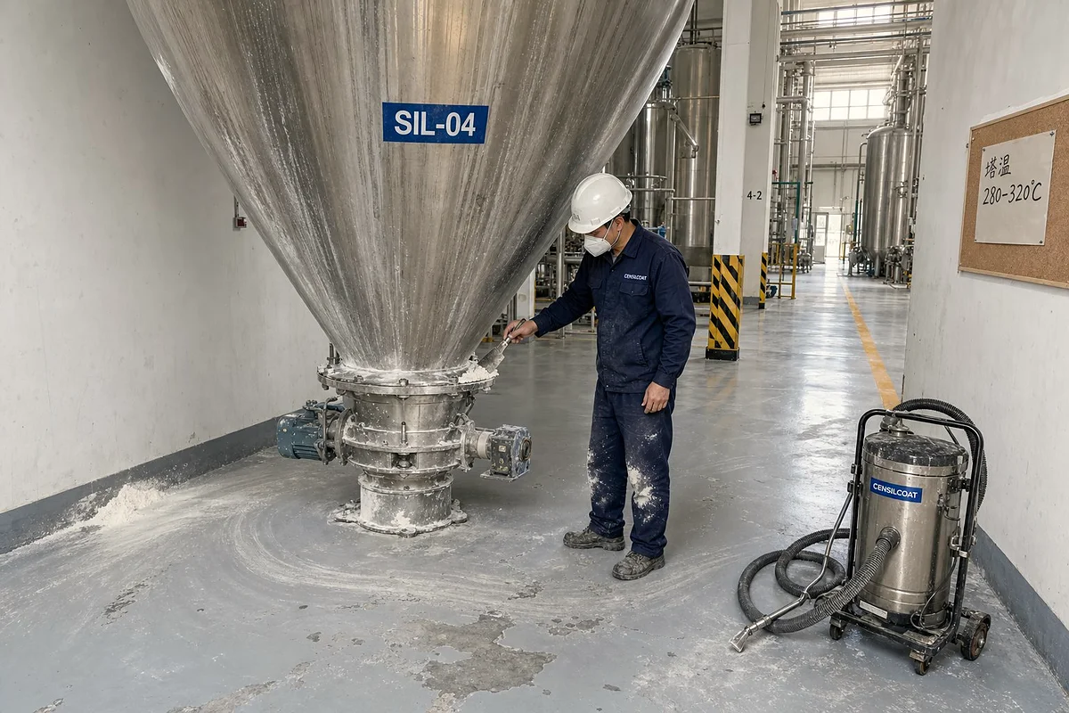 Step 4: Spray drying tower at Censil Fujian plant — conical stainless steel tower SIL-04, operator cleaning discharge chute with scraper, white silica powder on the floor