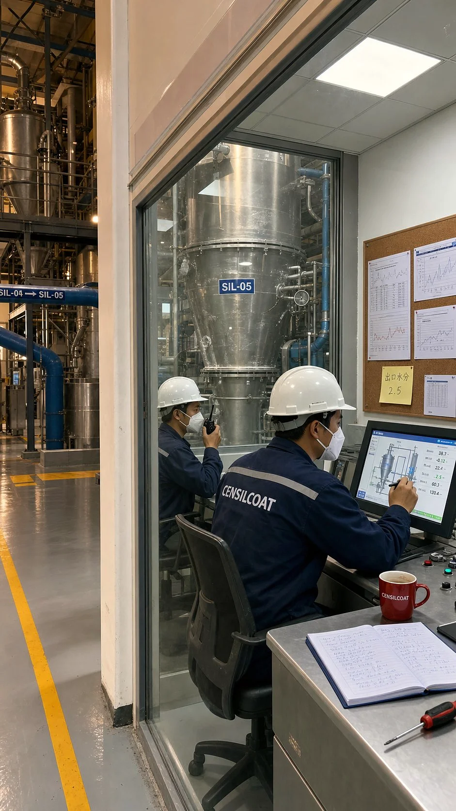 Step 5: Fluidized bed control room at Censil Fujian plant — two technicians monitoring trend screens, SIL-05 unit visible through glass window, trend graphs on corkboard
