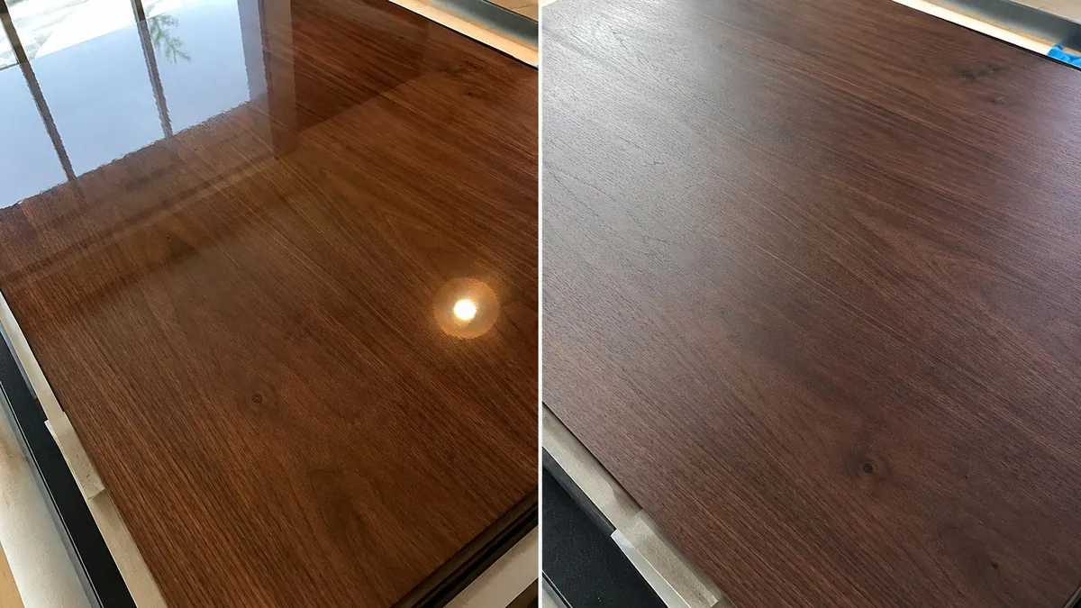 Wood panel before/after: high gloss vs Censil matte finish