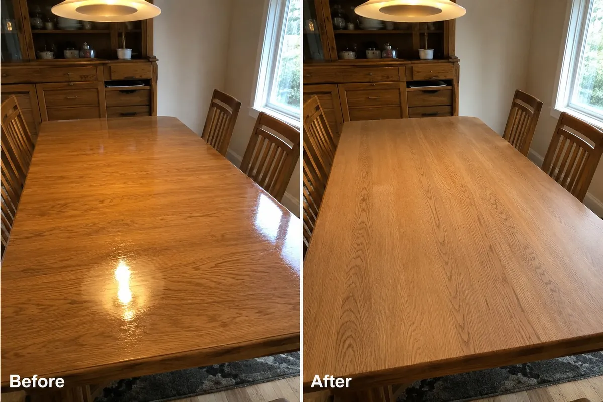Dining table before/after: glossy glare vs Censil matte finish